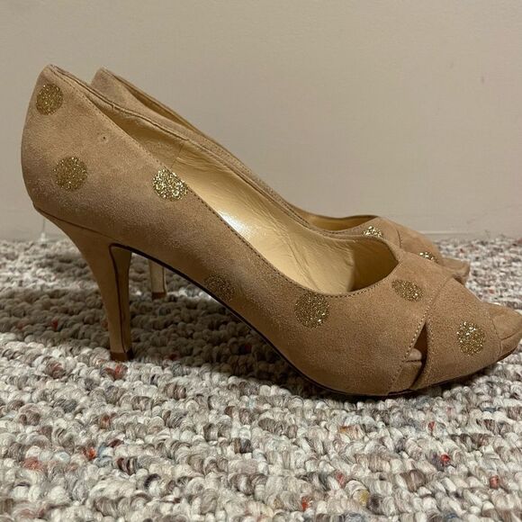 Kate Spade Tan Polka Dot Glitter Peep Toe Pump Heels Size 7 - Picture 1 of 7